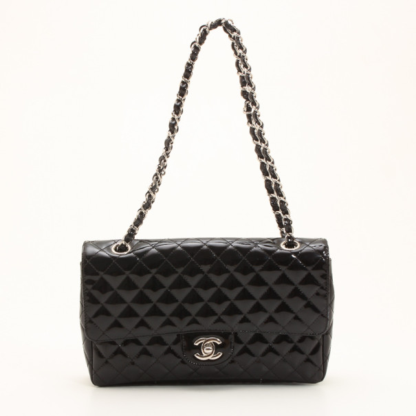 Pre Owned Chanel Black Patent Quilted Secret Label Medium Flap Bag 
