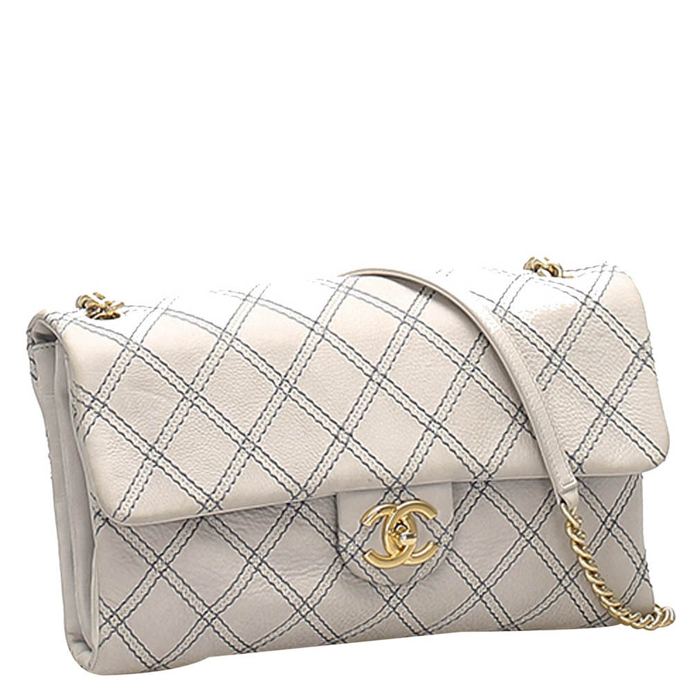 

Chanel White Stitch Leather Classic Flap Bag, Navy blue