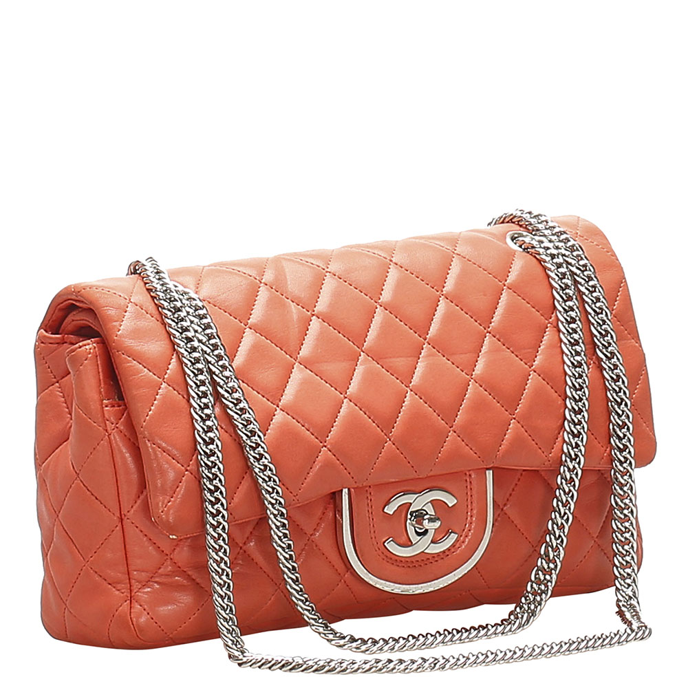 

Chanel Orange Lambskin Leather Double Flap Bag