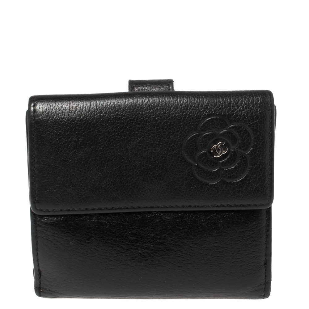 Chanel Black Leather Camellia Embossed Compact Wallet