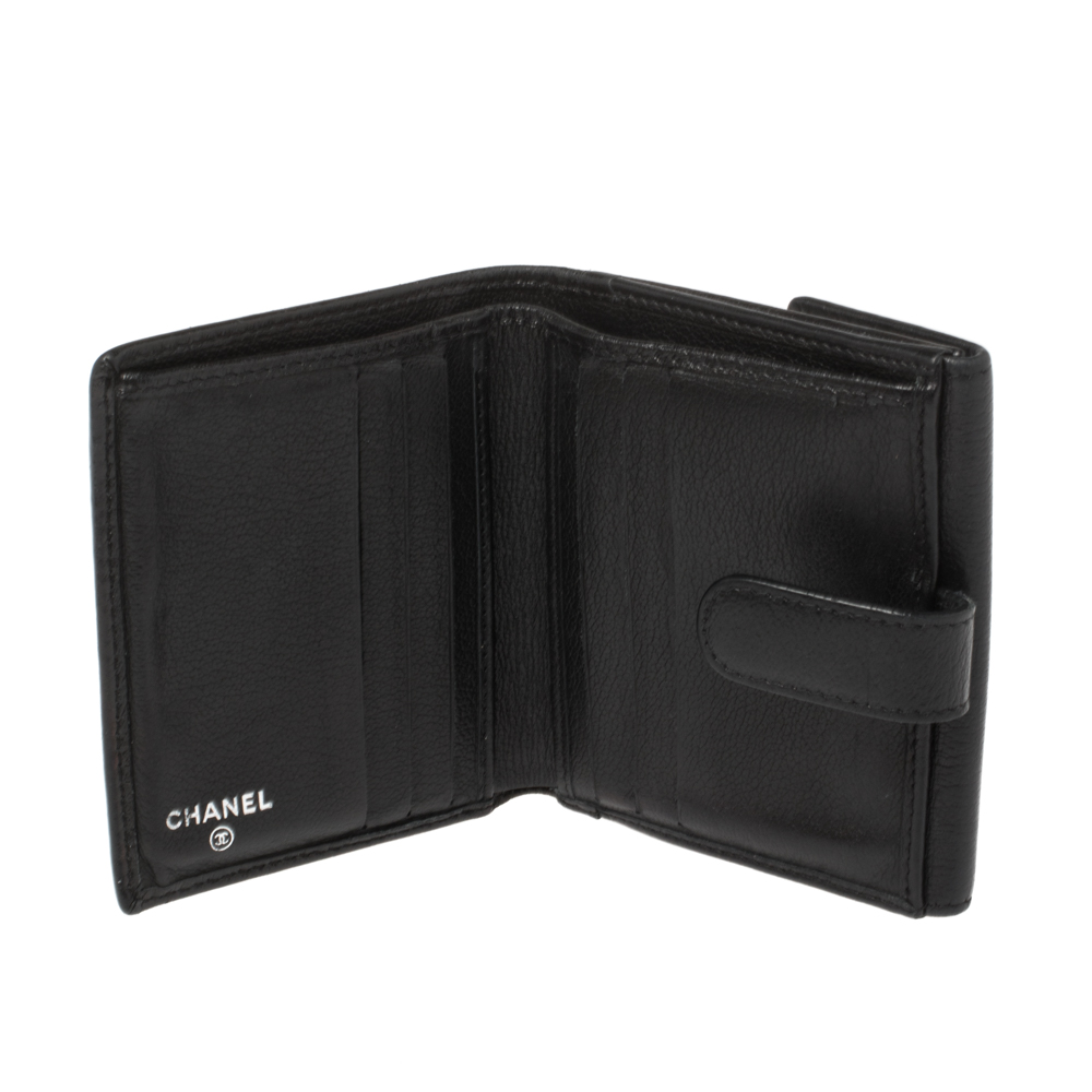 

Chanel Black Leather Camellia Embossed Compact Wallet