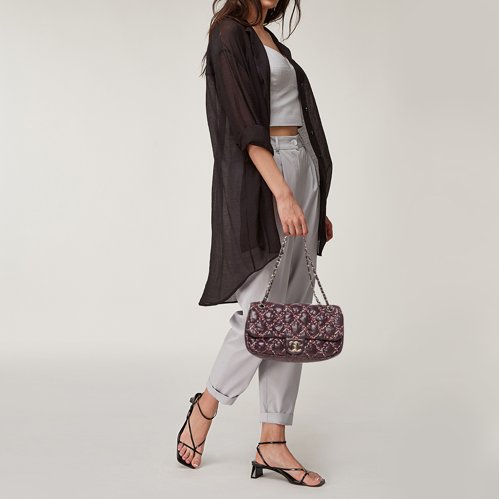 

Chanel Plum Quilted Nylon Medium Tweed on Stitch Bubble Flap Shoulder Bag, Purple