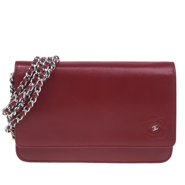 Pre Owned Chanel Red Leather Wallet on Chain Camellia Shoulder Bag