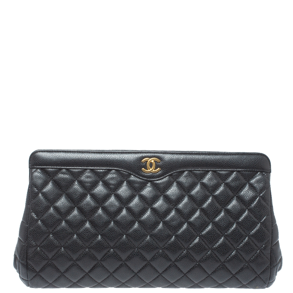 Pre Owned Chanel Black Quilted Caviar Leather In Story Clutch