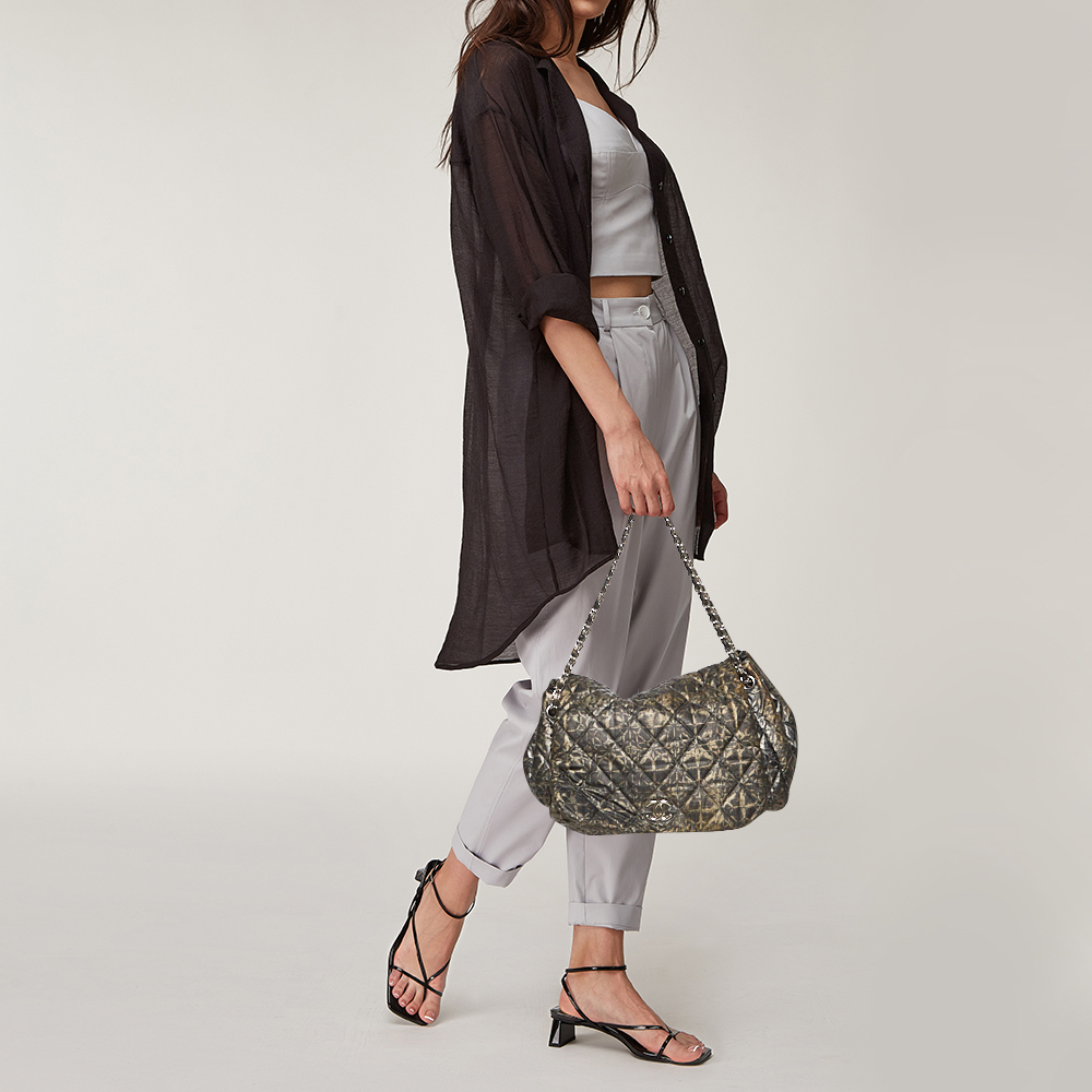 

Chanel Metallic Grey Abstract Printed Nylon Accordion Flap Bag