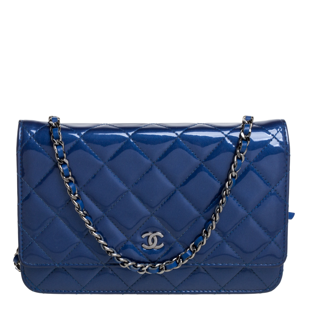 Chanel Blue Quilted Patent Leather Classic Wallet on Chain