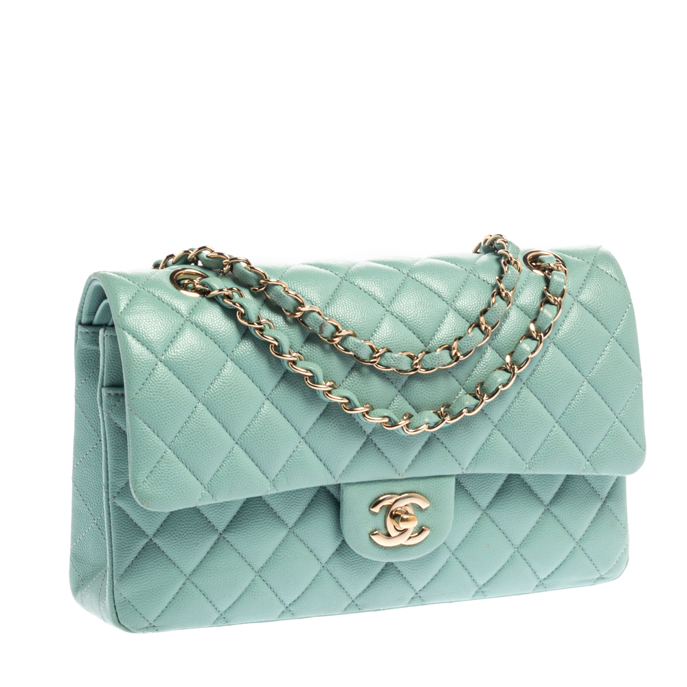 Chanel Mint Green Quilted Caviar Leather Medium Classic Double Flap Bag