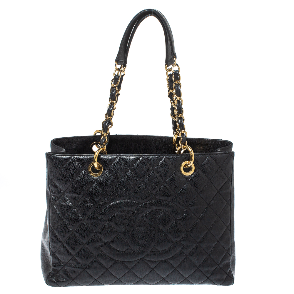 Pre Owned Chanel Black Quilted Caviar Leather Grand Shopping Tote