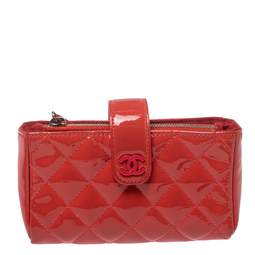 Chanel Coral Red Quilted Patent Leather CC Phone Holder Pouch
