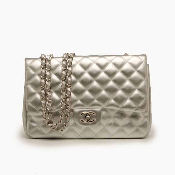 Chanel Lambskin Silver Jumbo Flap Bag