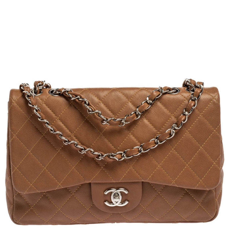 Pre Owned Chanel Tan Quilted Caviar Leather Jumbo Classic Single Flap Bag