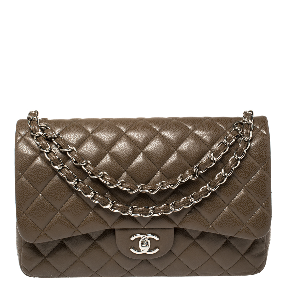 Pre Owned Chanel Coffee Brown Quilted Caviar Leather Jumbo Classic Double Flap Bag
