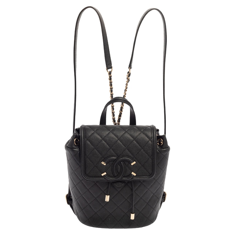 Pre Owned Chanel Black Quilted Caviar Leather Filigree Backpack