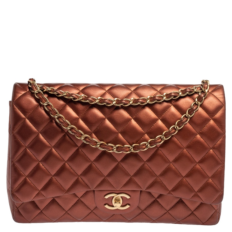 Pre Owned حقيبة شانيل ماكسي كلاسيك قلاب مزدوج جلد مبطن نحاسي ميتاليك