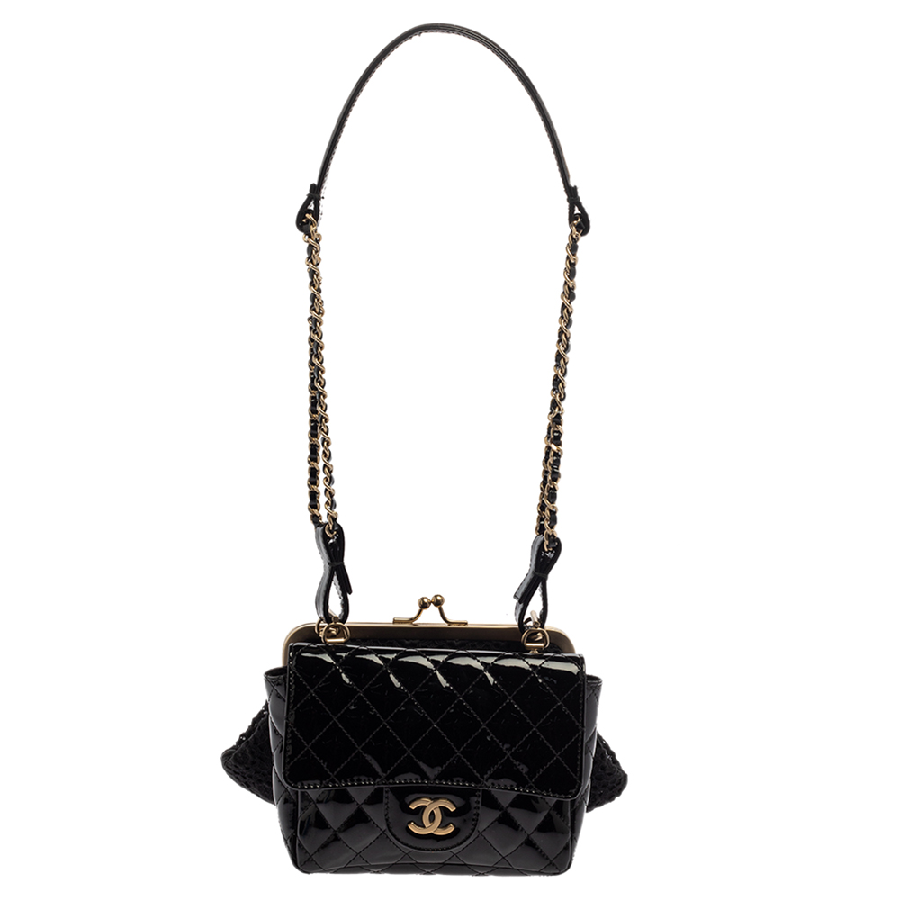 Chanel Black Patent Leather and Lace Mini Kiss Lock Double Sided Bag Chanel