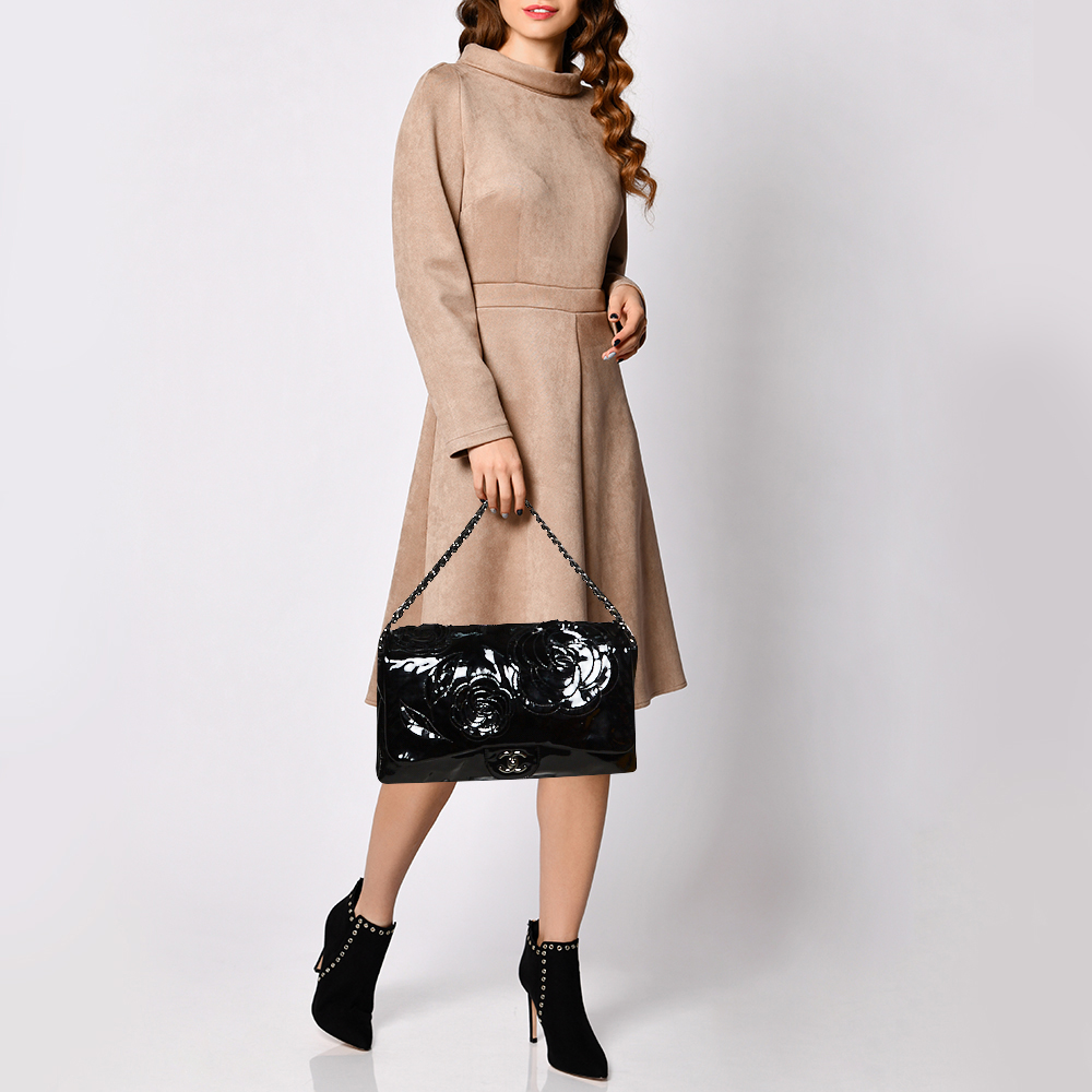 

Chanel Black Patent Leather Camellia Accordion 3 Classic Flap Bag