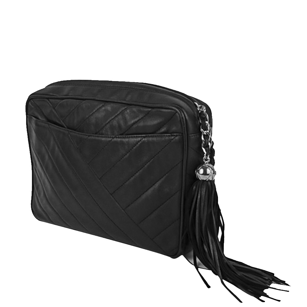 

Chanel Black Lambskin Leather Fringe CC Crossbody Bag
