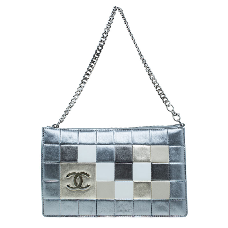 Pre Owned Chanel Silver Multicolor Square Quilted Wristlet Clutch