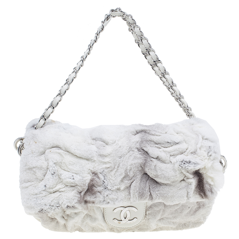 Pre Owned Chanel White Rabbit Fur and Leather Flap Bag
