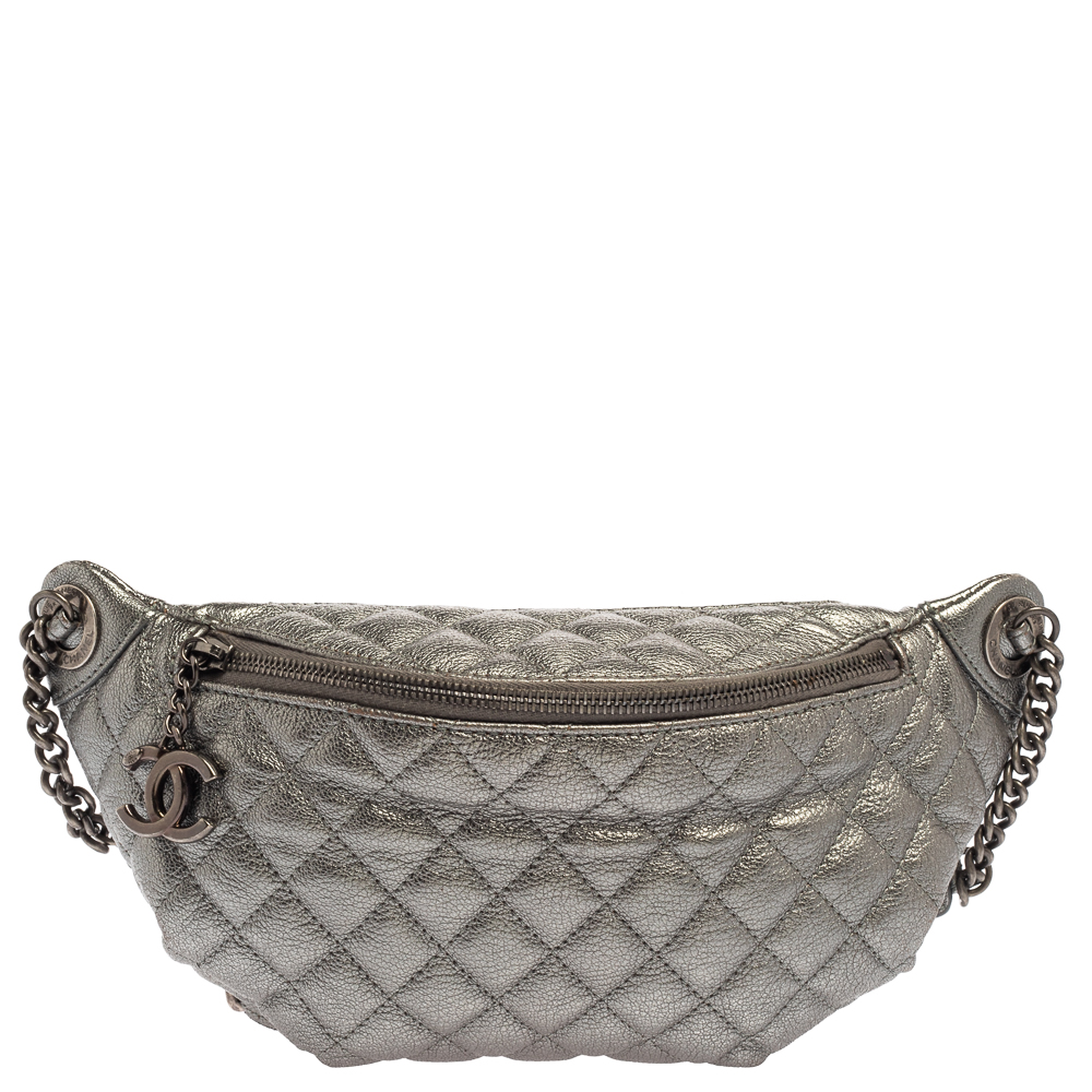 Chanel Metallic Grey Quilted Leather Banane Waist Bag