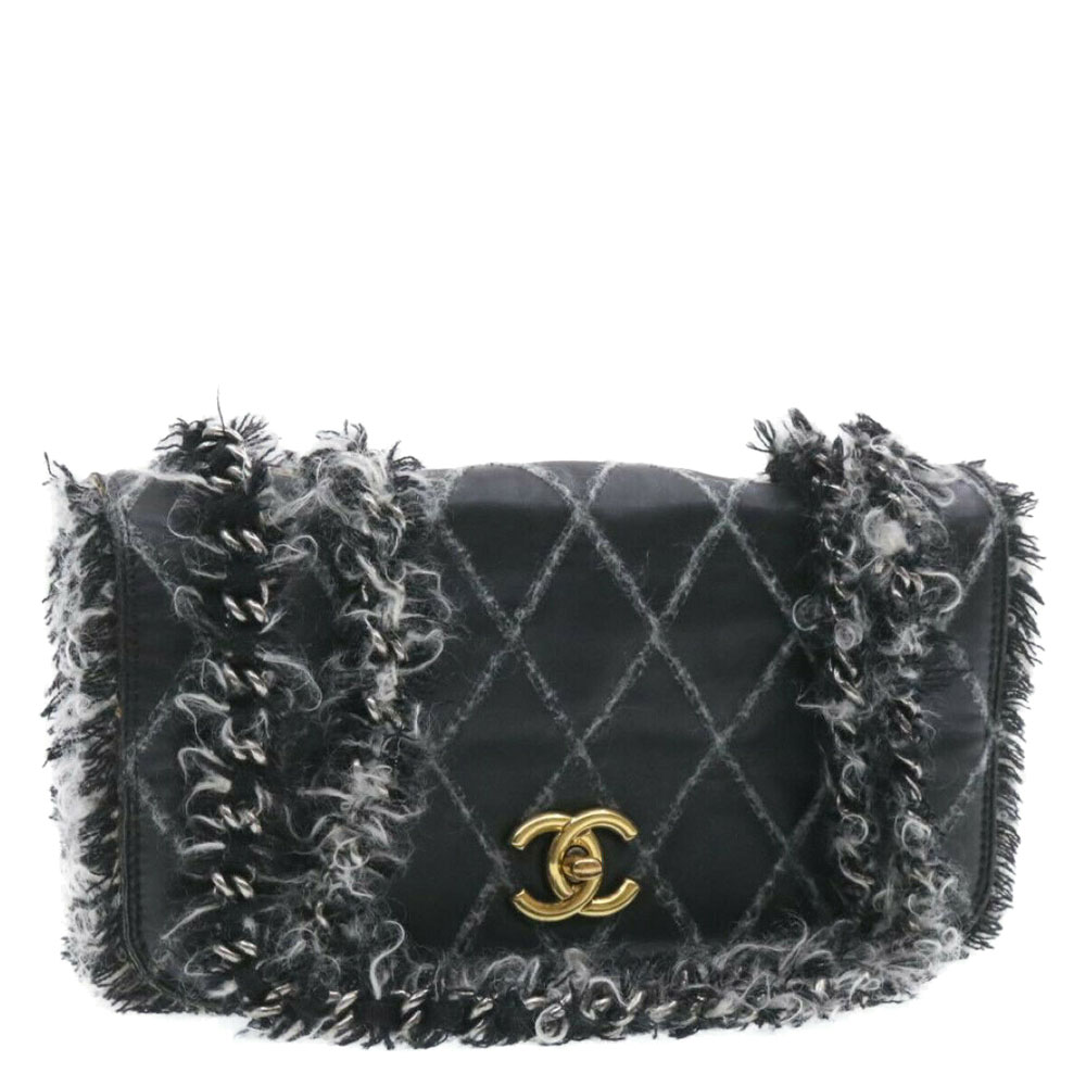 

Chanel Black Lambskin Tweed Trim Double Chain Shoulder Bag