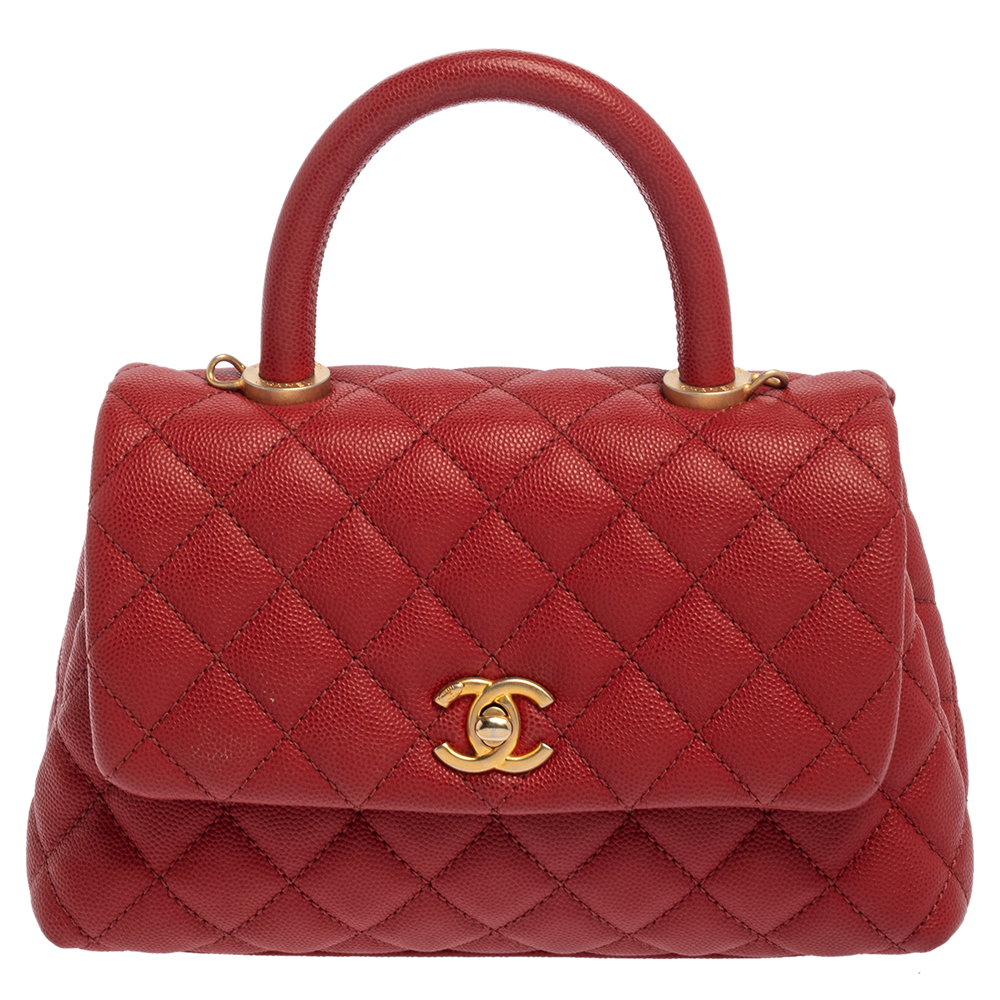 Pre Owned Chanel Orange Quilted Caviar Leather Mini Coco Top Handle Bag