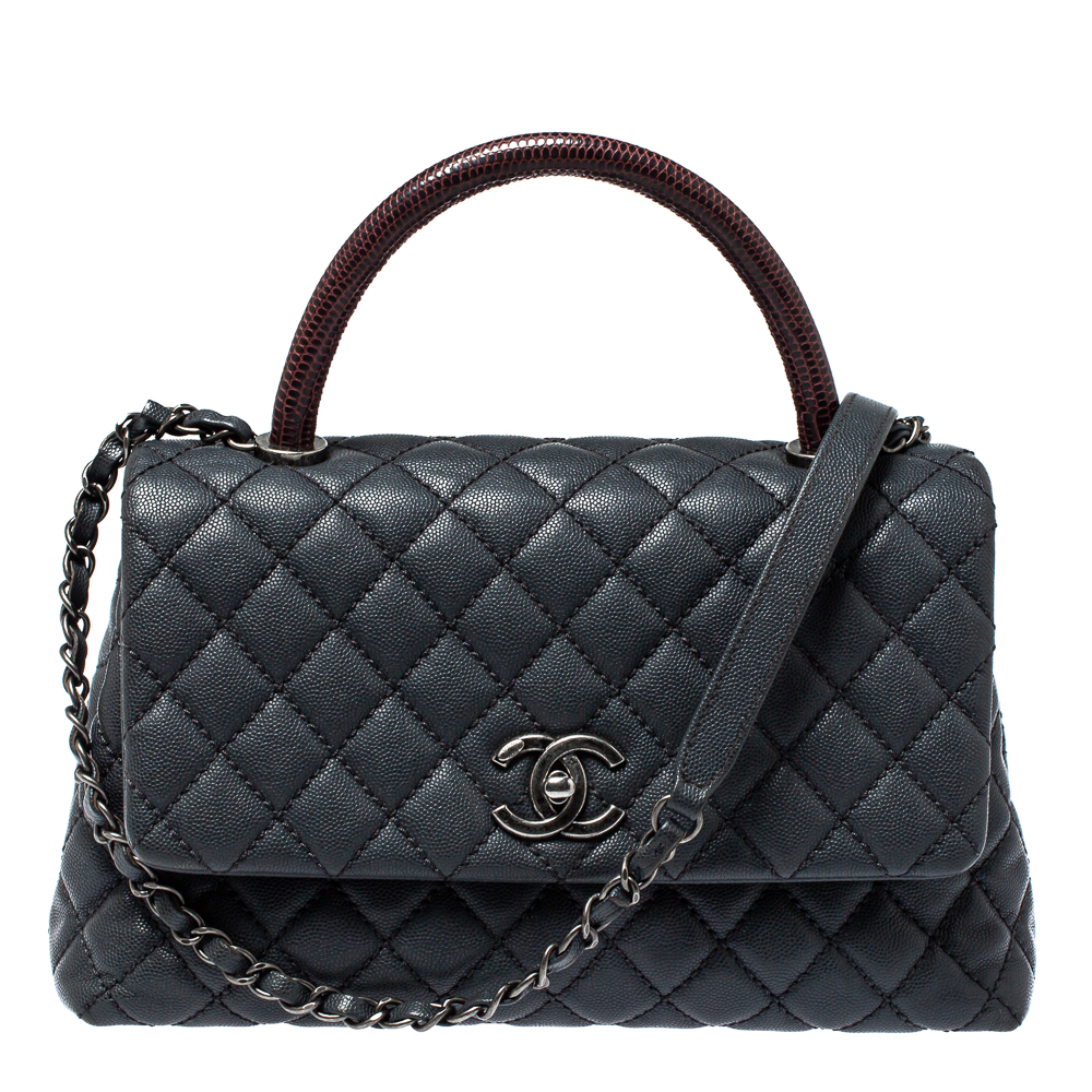 Pre Owned Chanel Grey/Burgundy Caviar Leather and Lizard Medium Coco Top Handle Bag