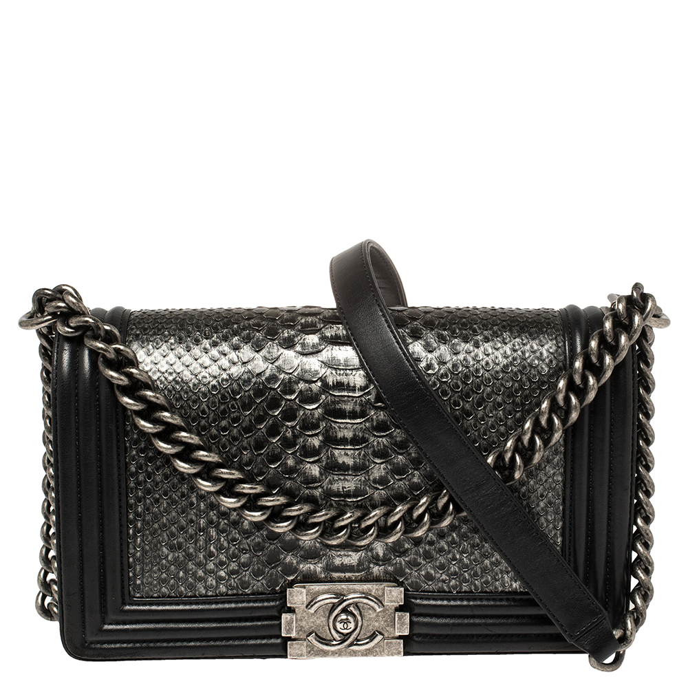 Chanel Black/Silver Python and Leather Medium Boy Flap Bag