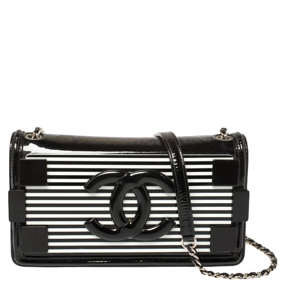 Pre-owned Black/white Striped Plexiglass And Patent Leather East/west Boy  Brick Flap Bag