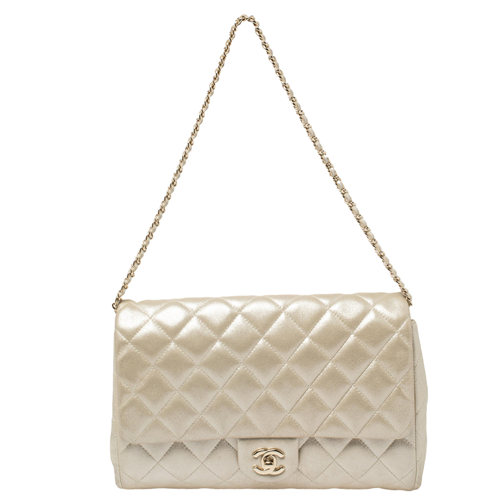 Pre-owned Chanel Light Gold Quilted Leather Chain Clutch Flap Bag