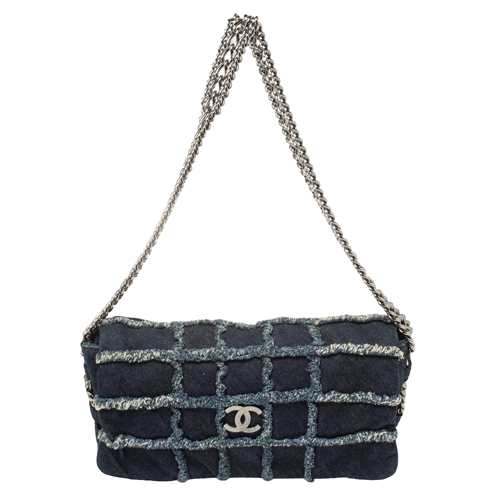 Pre Owned Chanel Blue Quilted Denim Flap Triple Chain Shoulder Bag