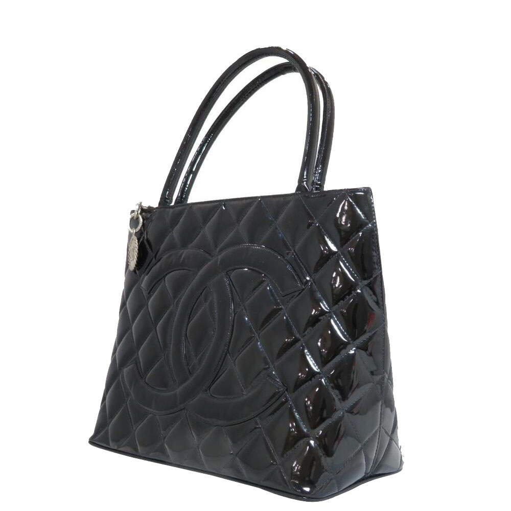 

Chanel Black Patent Leather Medallion Tote Bag
