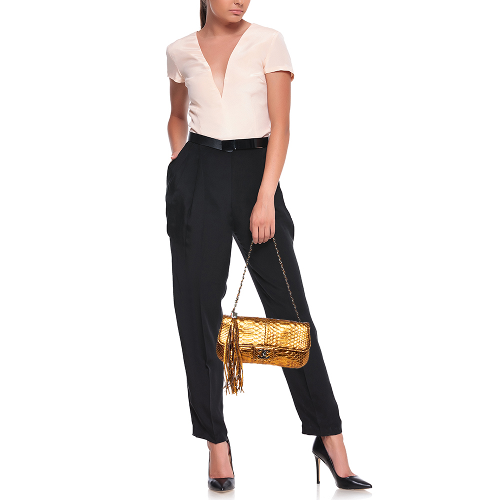 

Chanel Metallic Bronze Python Tassel Flap Bag, Brown