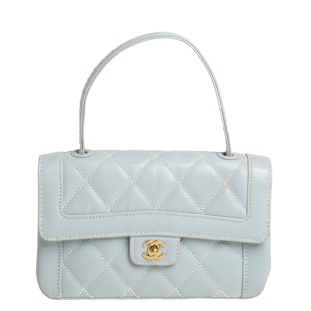 Pre Owned Chanel Minty Green Wild Stitch Leather Small Flap Top Handle Bag
