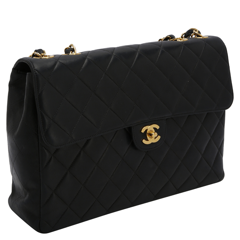

Chanel Black Lambskin Leather Quilted Jumbo Single Flap Bag