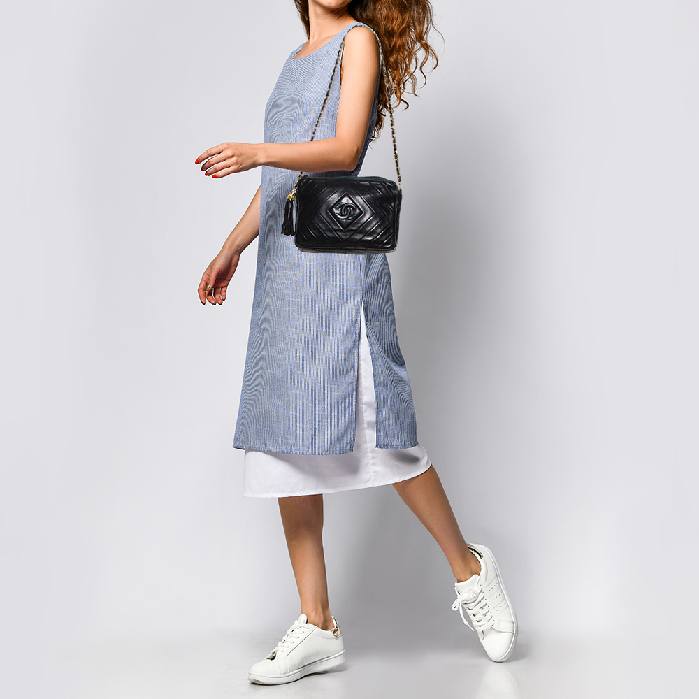 

Chanel Deep Blue Diamond Quilted Leather Vintage CC Camera Tassel Bag