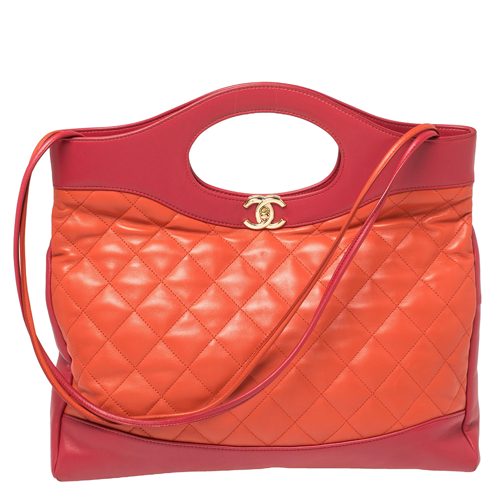 Pre-owned Chanel Pink/orange Quilted Leather Medium 31 Shopper Tote