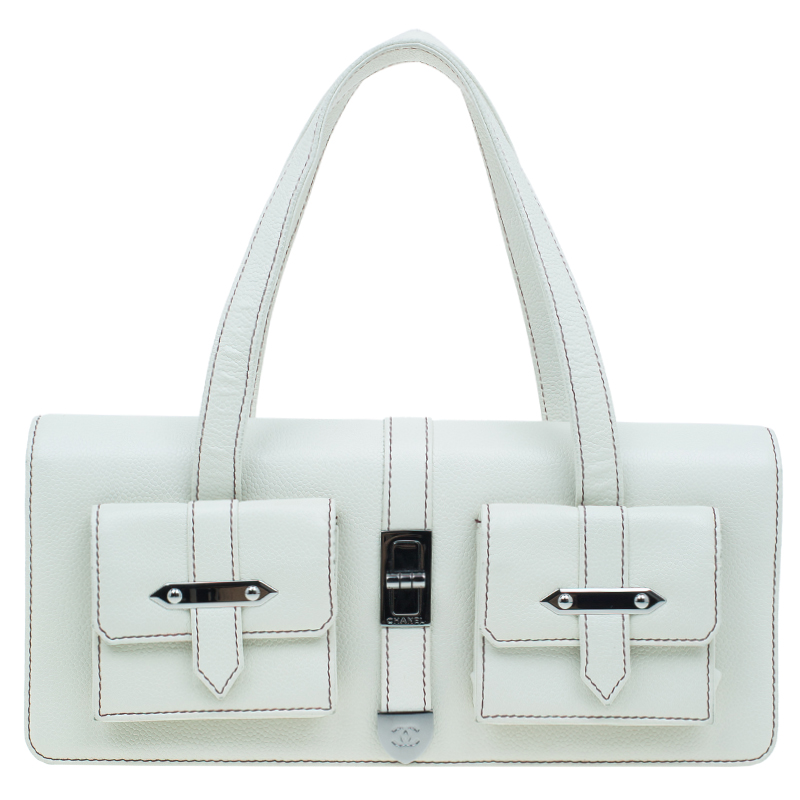 Chanel Off White Leather Double Pocket Satchel Bag