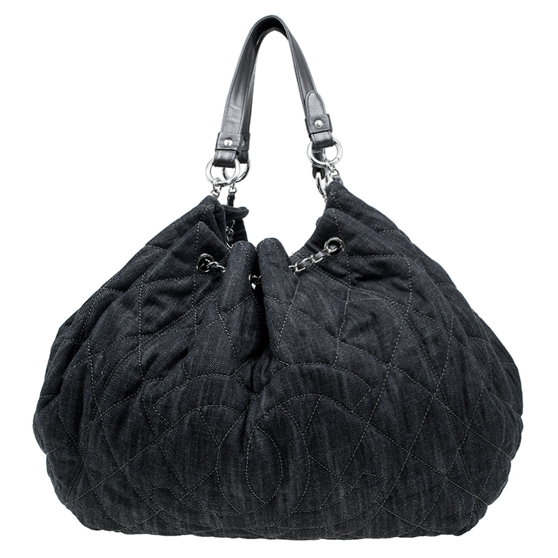 Chanel Black Denim XL Coco Cabas Spirit Hobo Bag