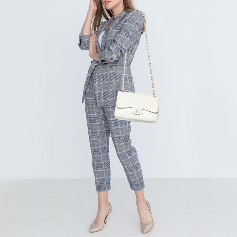 

Chanel White Quilted Leather Jumbo Classic Double Flap Bag, Beige