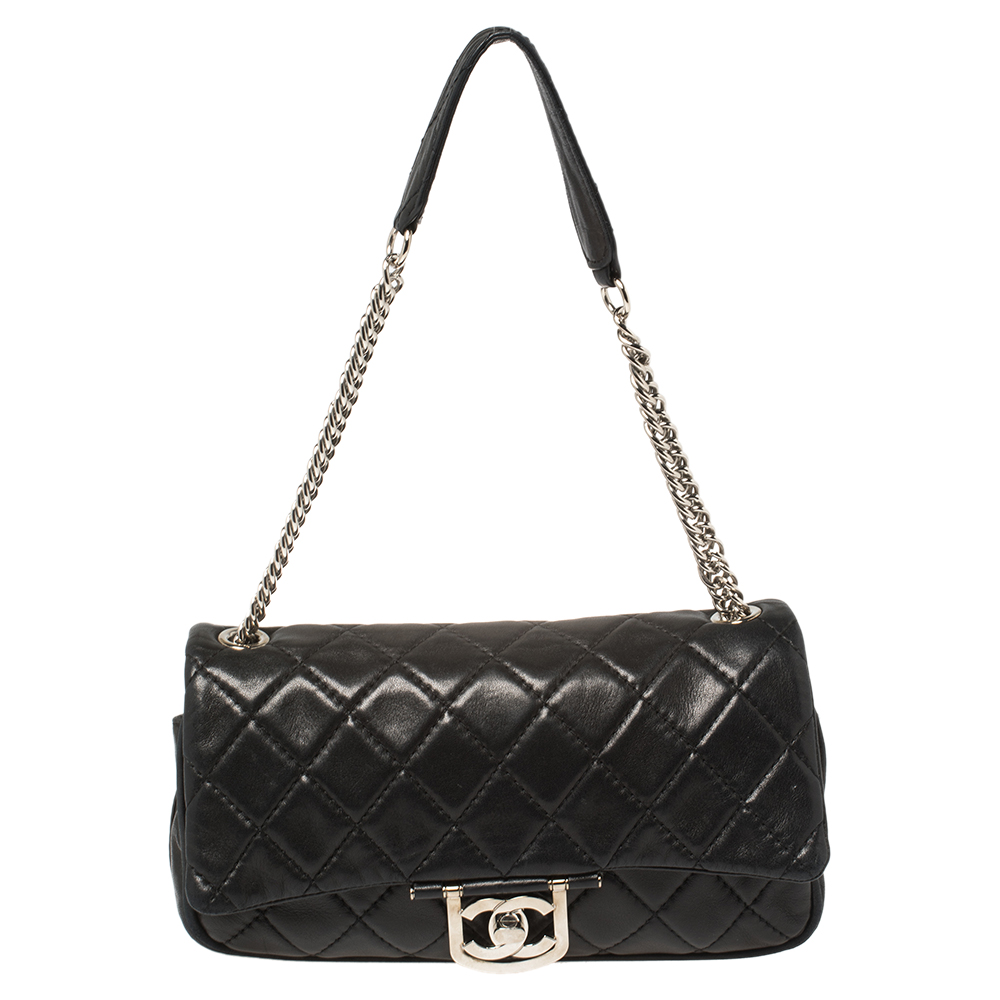 Chanel Black Quilted Leather Icons Secret Label Flap Bag