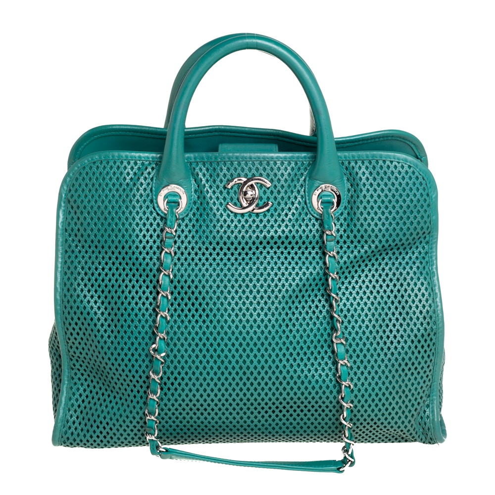 Pre Owned Chanel Green Perforated Leather Up In The Air Tote 