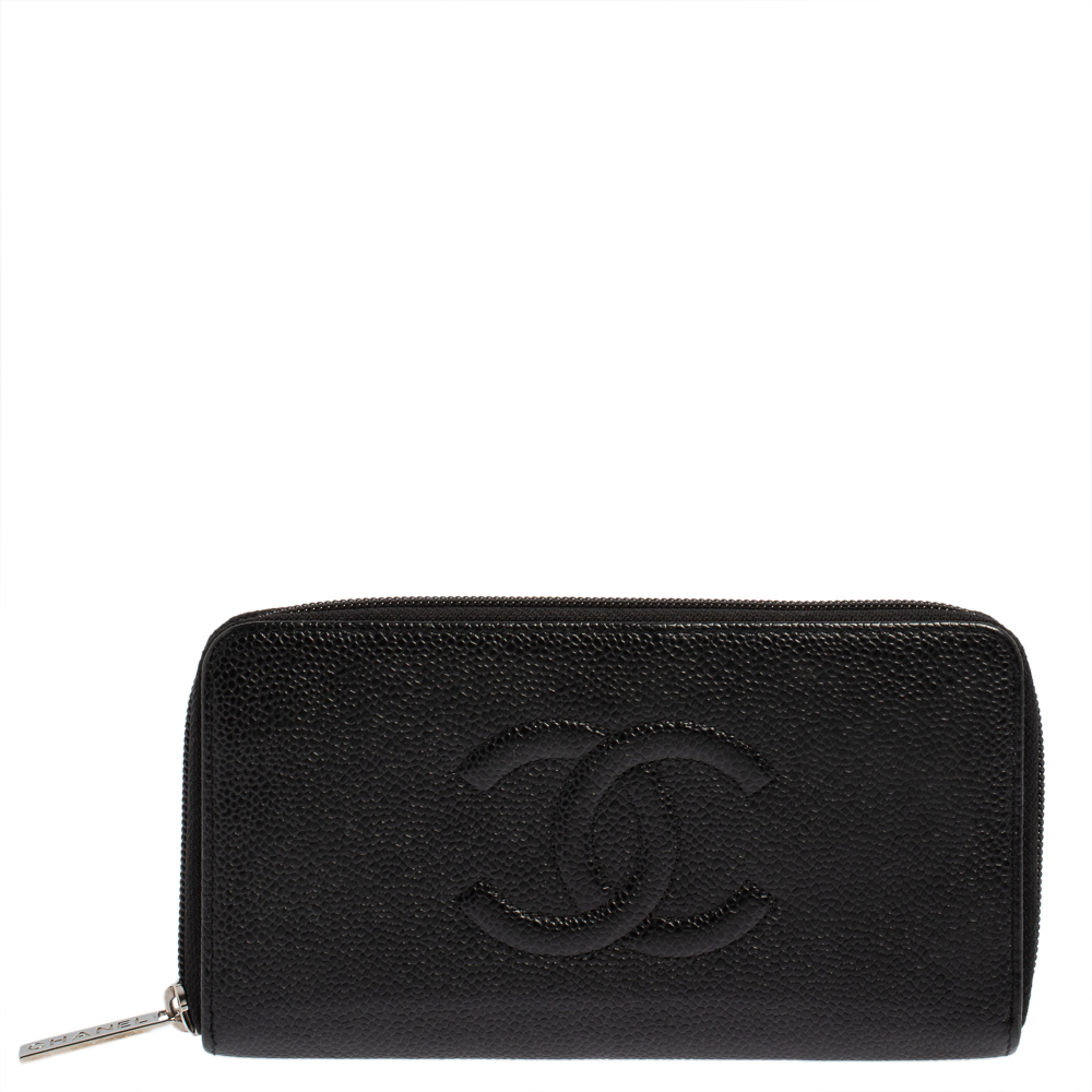 Pre Owned Chanel Black Caviar Leather Timeless Zip Around Wallet