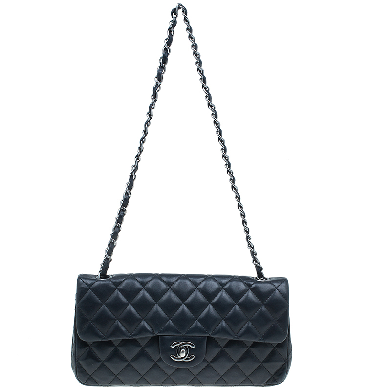 Pre Owned Chanel Black Quilted Lambskin East West Flap Bag