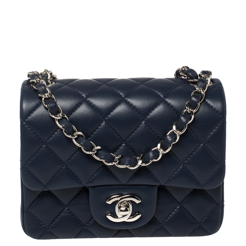 Chanel Navy Blue Quilted Lambskin Leather Mini Square Flap Bag