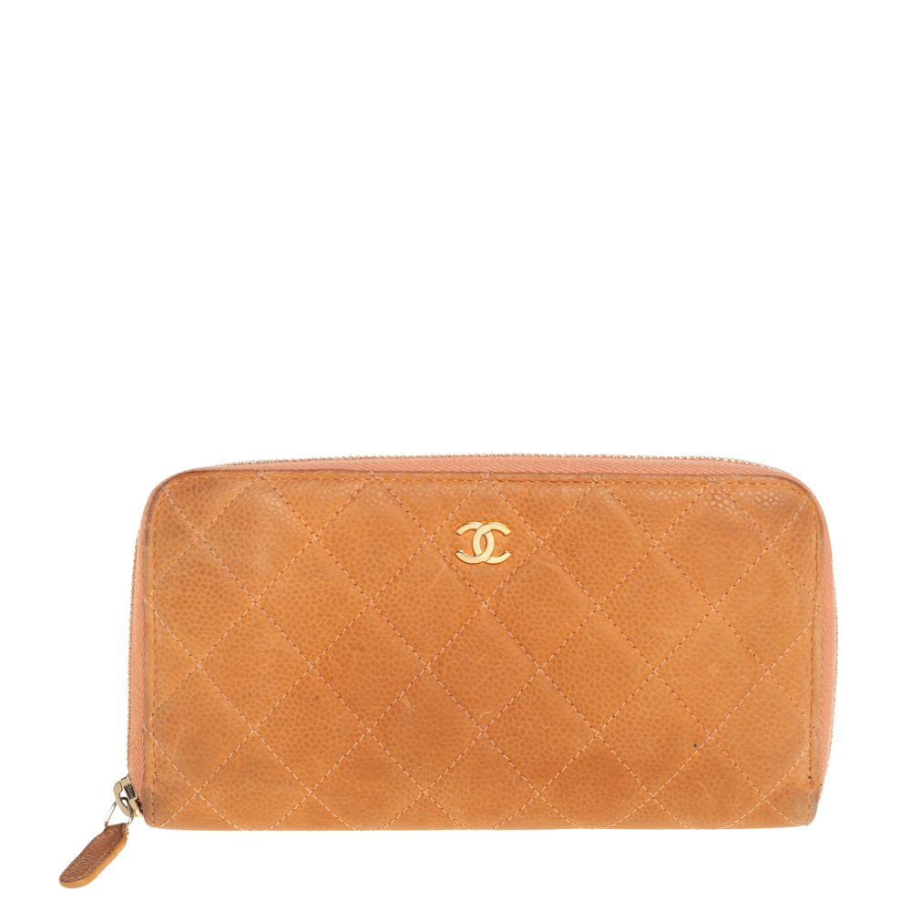 Pre-owned Chanel Orange Quilted Caviar Suede Cc Zip Around Wallet
