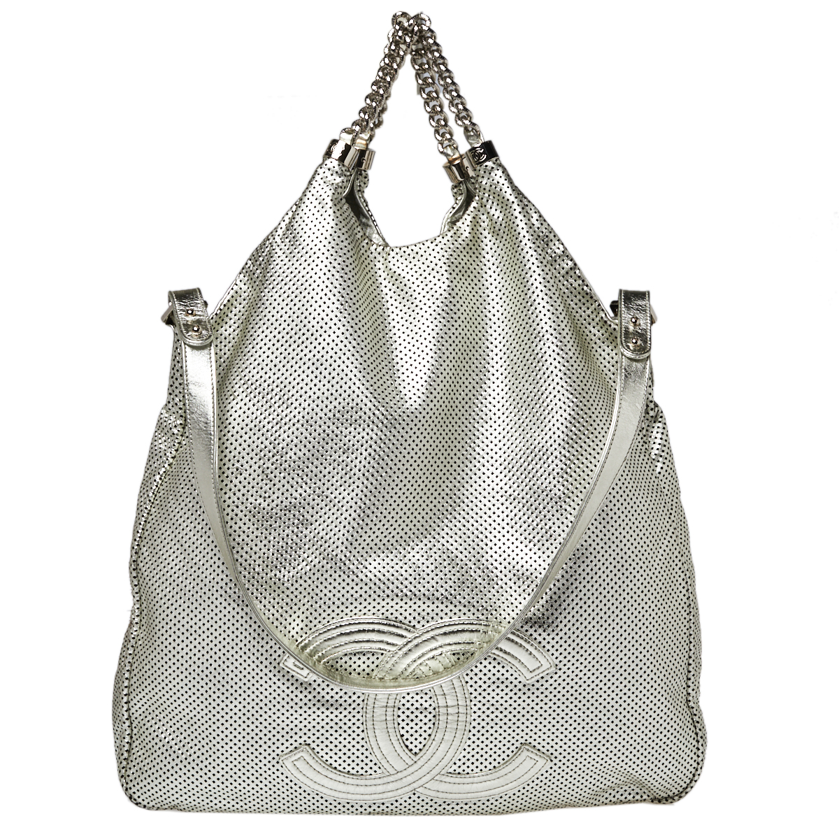 Pre-owned Chanel Metallic Silver Perforated Leather Large Rodeo Drive Hobo