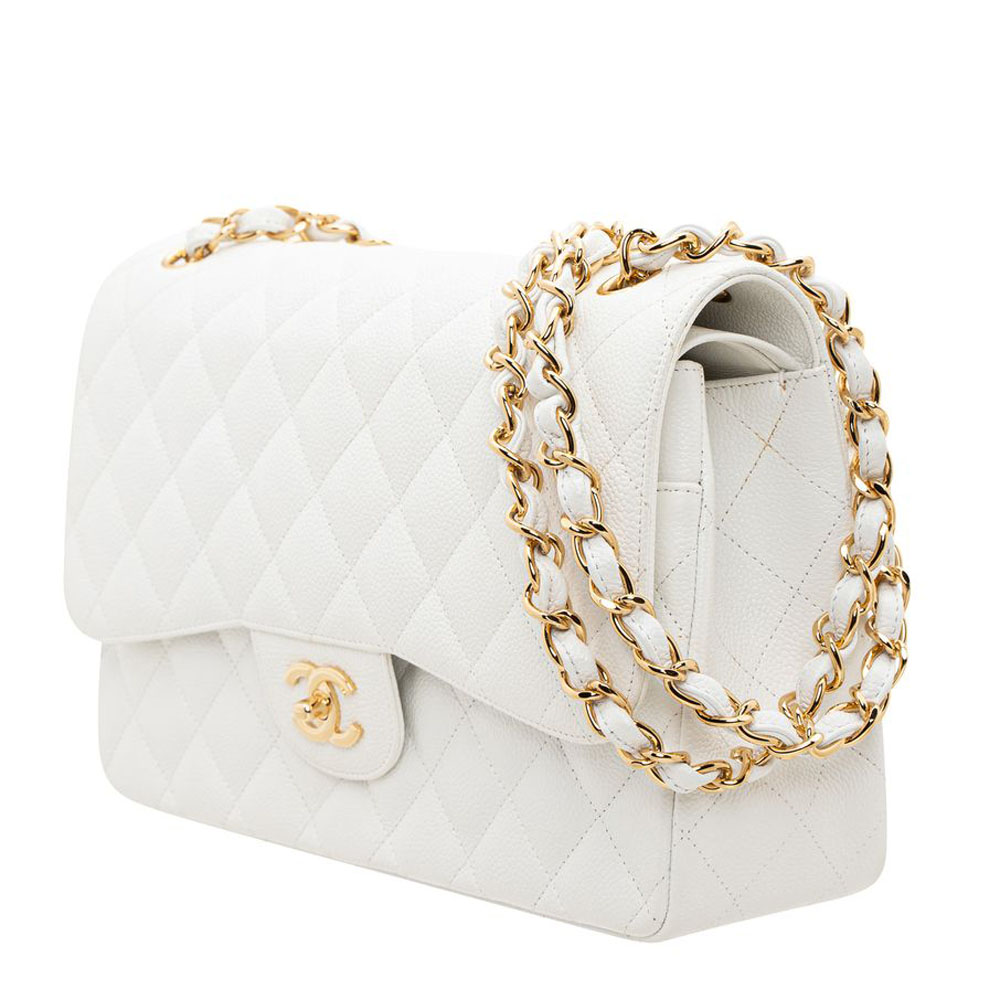 

Chanel White Quilted Caviar Leather Classic Jumbo Double Flap Bag