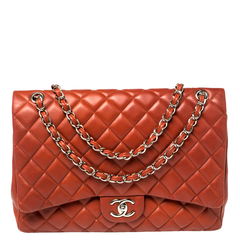 Pre-owned Chanel Copper Quilted Caviar Leather Maxi Classic Double Flap Bag In Brown