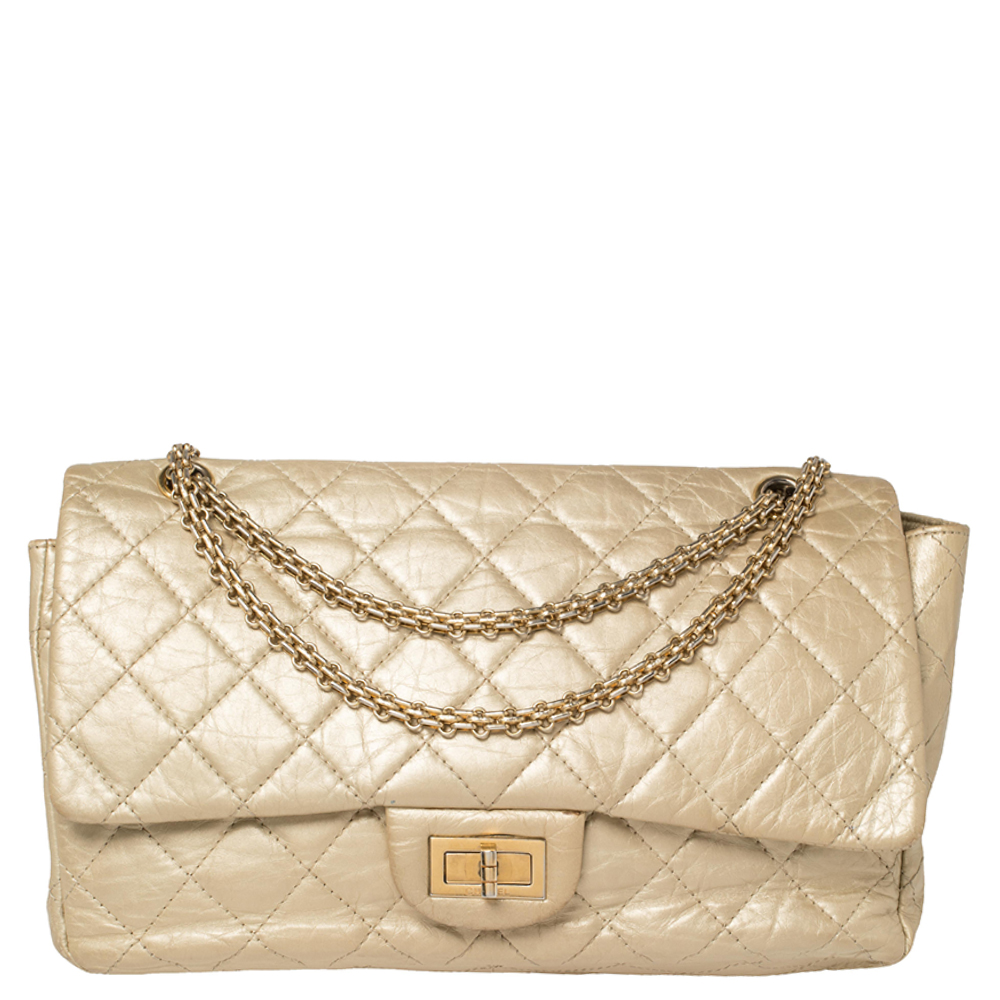 Pre-owned Chanel Metallic Beige Quilted Leather Reissue 2.55 Classic 227 Flap Bag